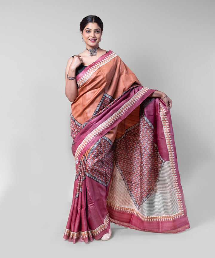 Maroon rust tussar silk hand block printed saree