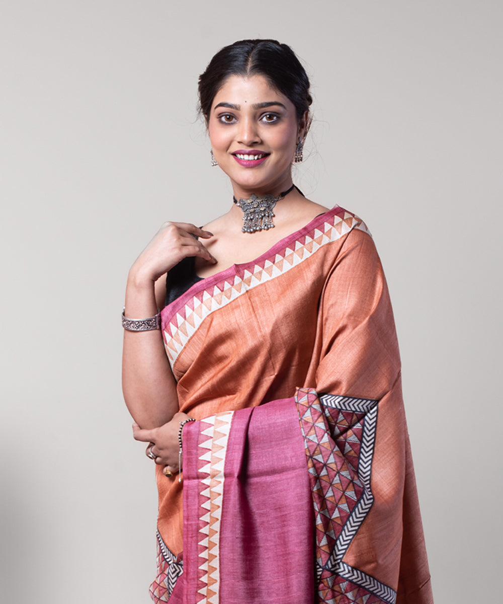 Maroon rust tussar silk hand block printed saree