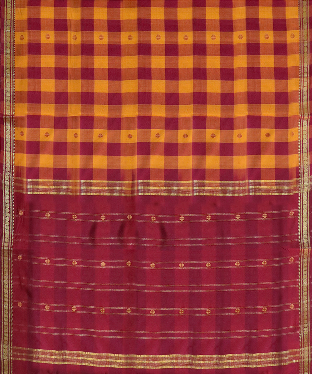Yellow maroon checked handwoven cotton bandar saree