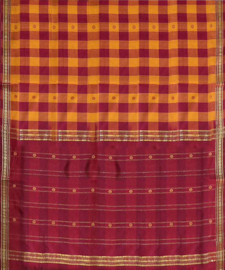 Yellow maroon checked handwoven cotton bandar saree