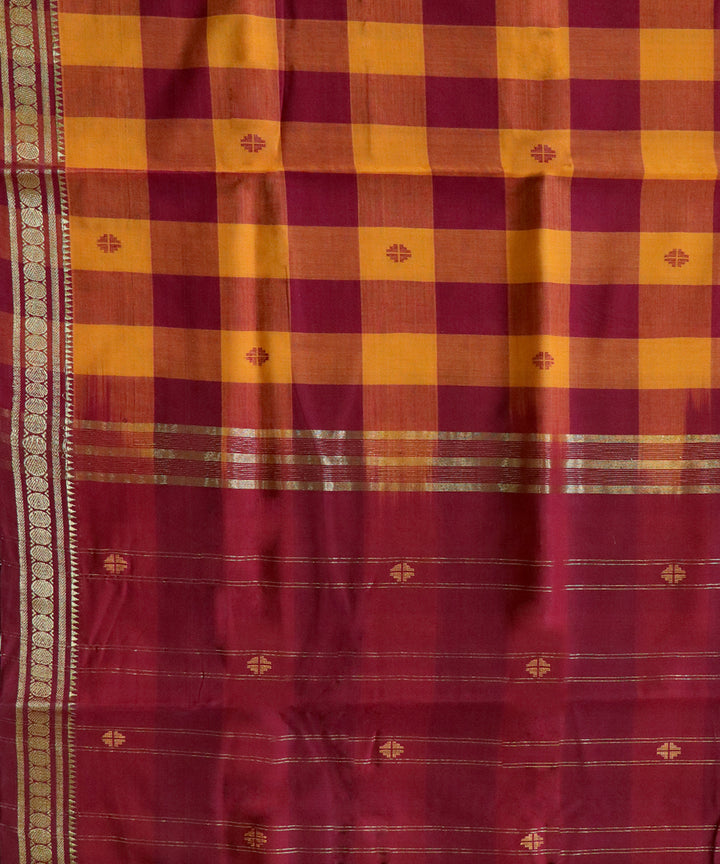 Yellow maroon checked handwoven cotton bandar saree