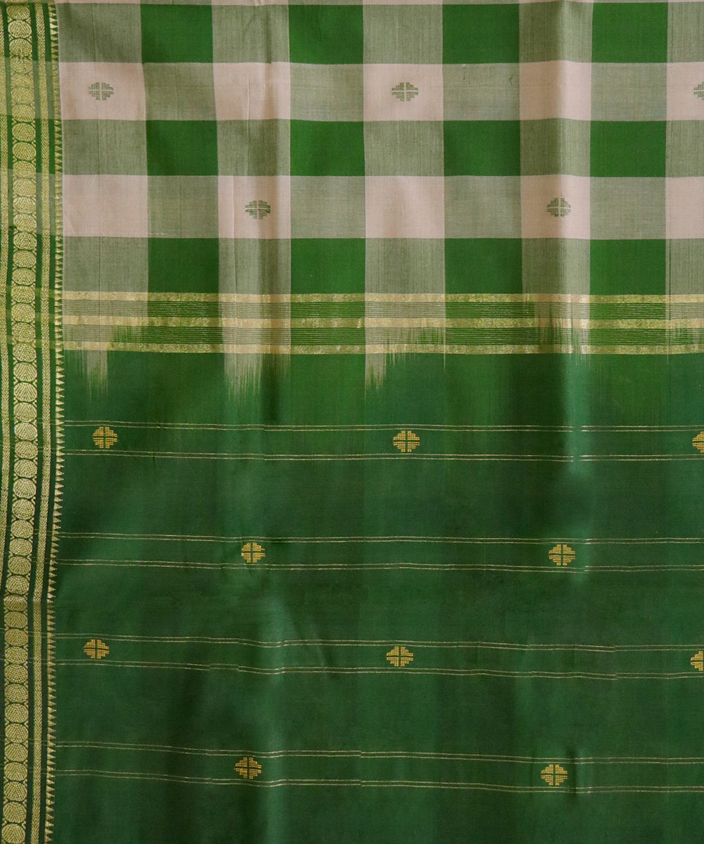 Dark green offwhite handwoven cotton bandar saree