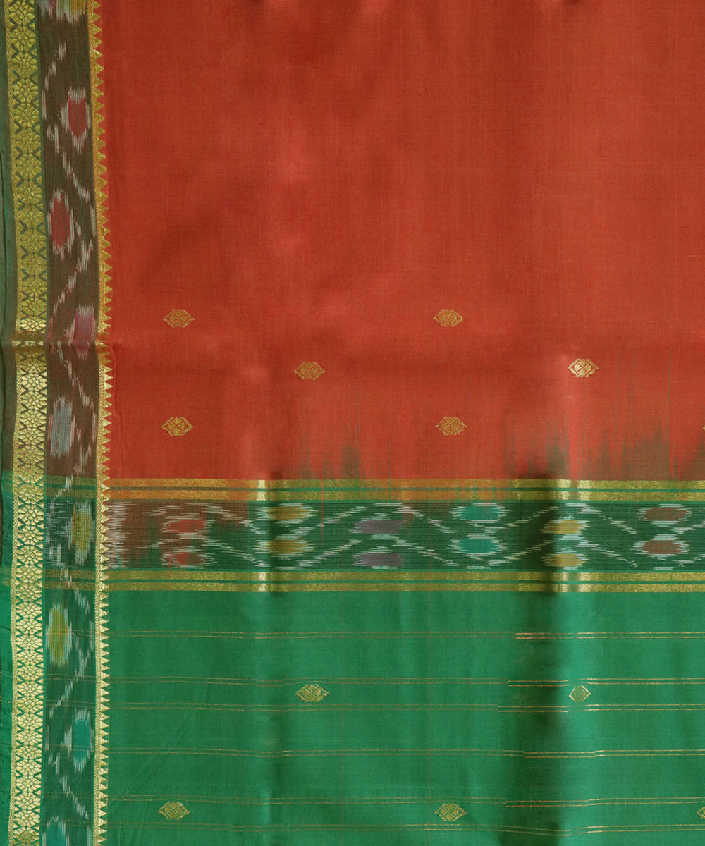 Rust green handwoven cotton bandar saree