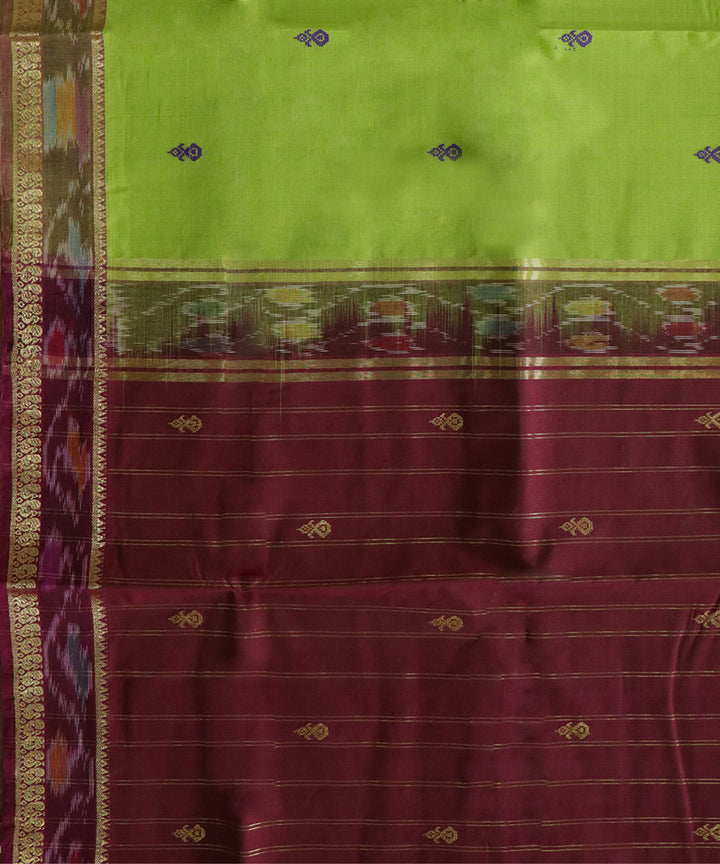 Lime green maroon handwoven cotton bandar saree