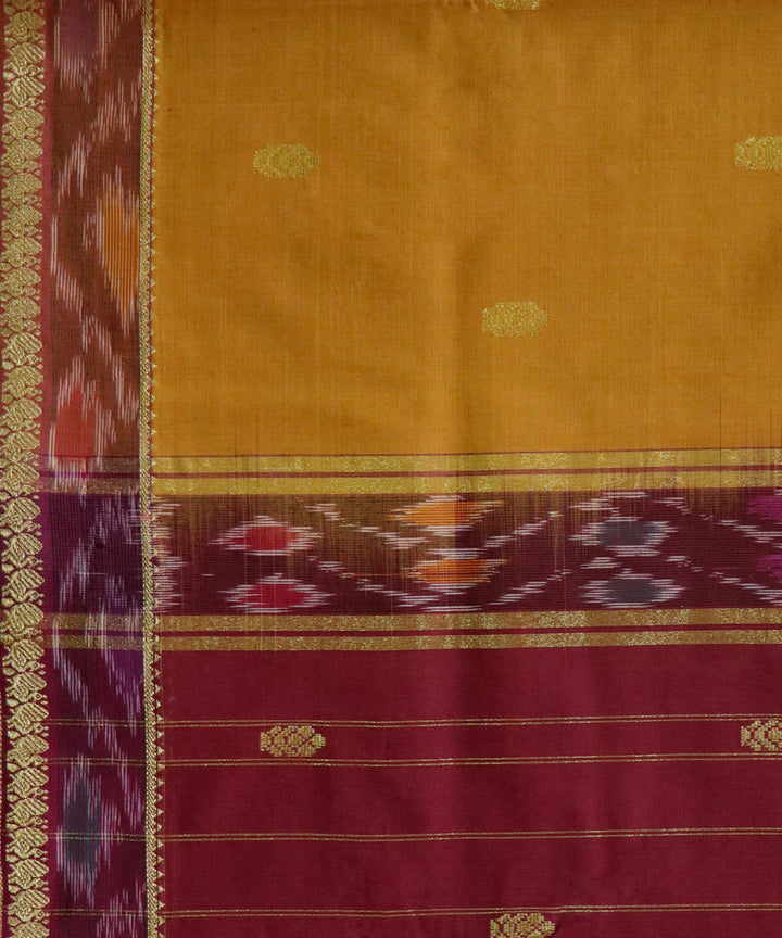 Mustard maroon handwoven cotton bandar saree