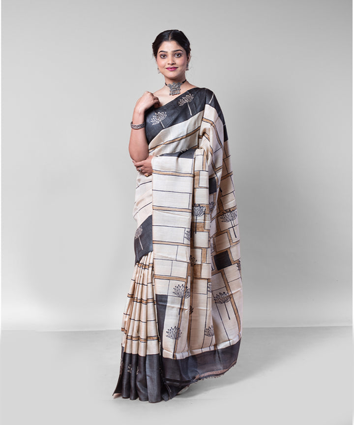Beige black tussar silk hand block printed saree