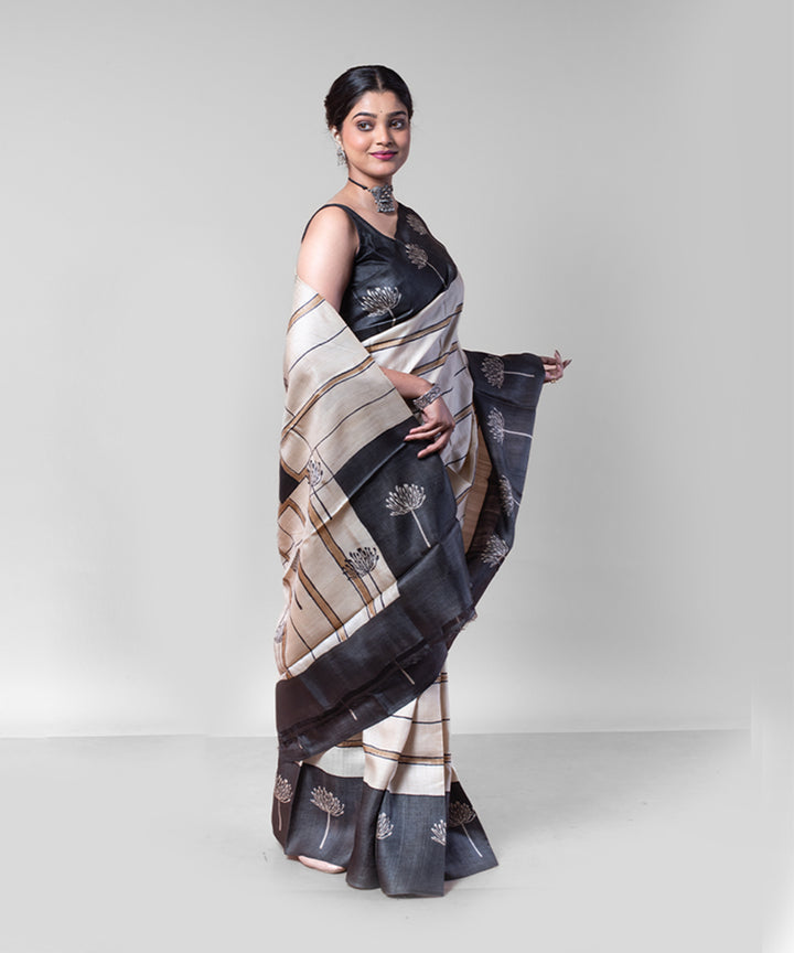 Beige black tussar silk hand block printed saree