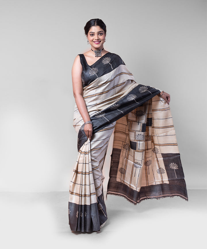 Beige black tussar silk hand block printed saree