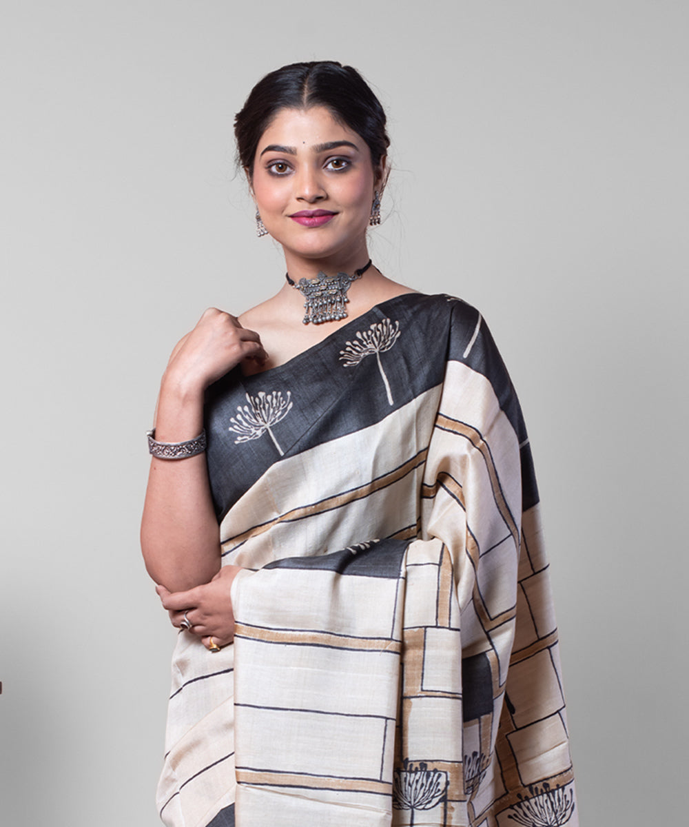 Beige black tussar silk hand block printed saree