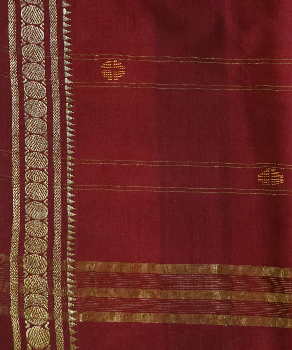 Yellow maroon checked handwoven cotton bandar saree