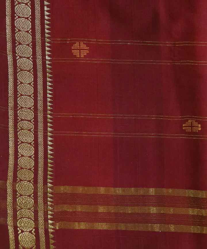 Yellow maroon checked handwoven cotton bandar saree