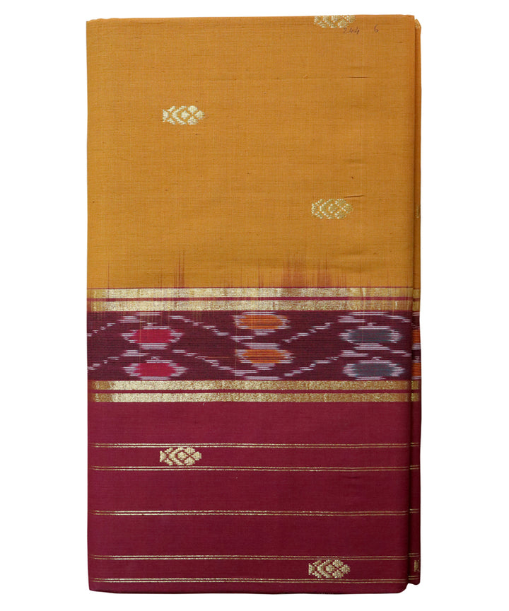 Mustard maroon handwoven cotton bandar saree