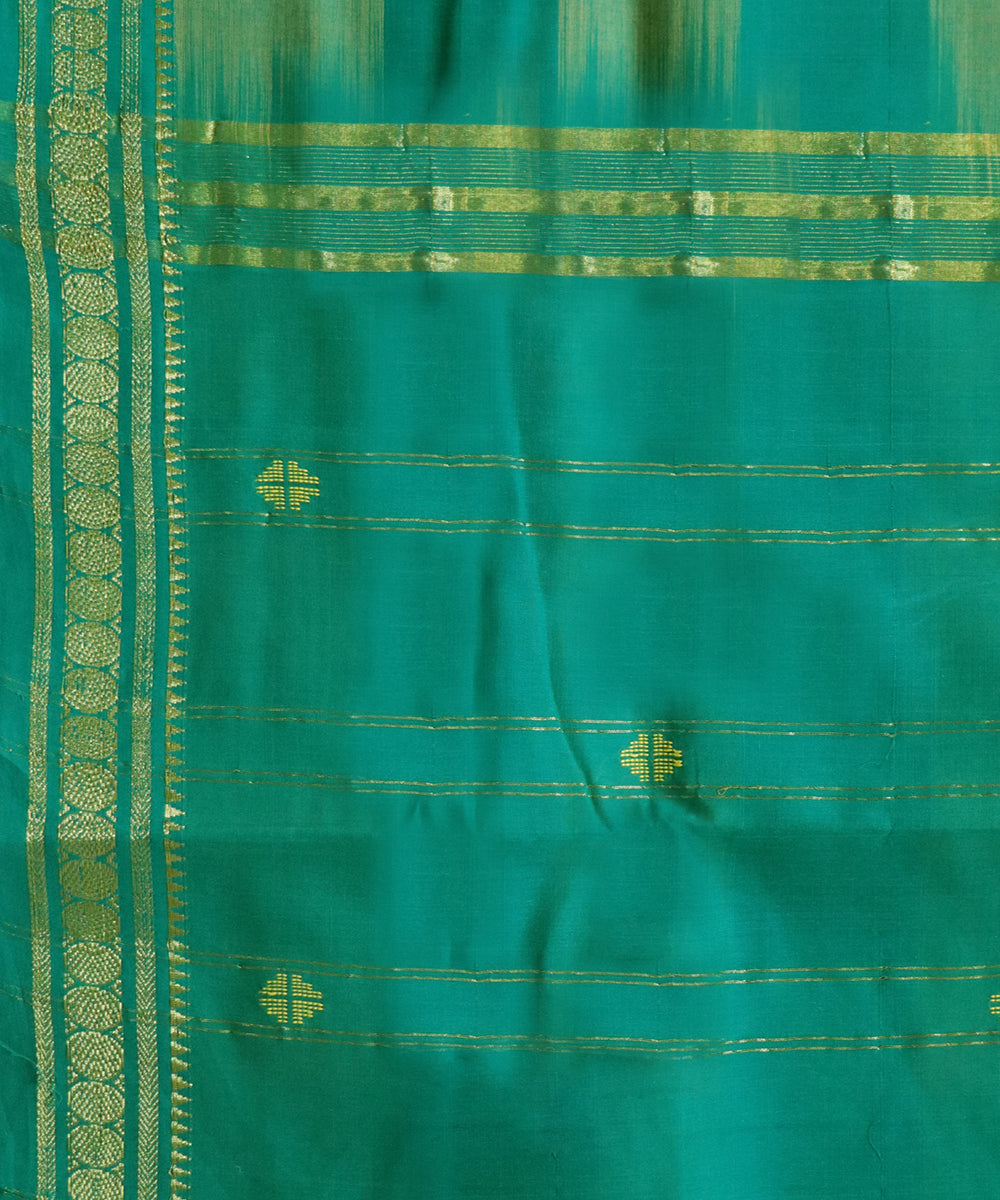 Cyan green beige handwoven cotton bandar saree