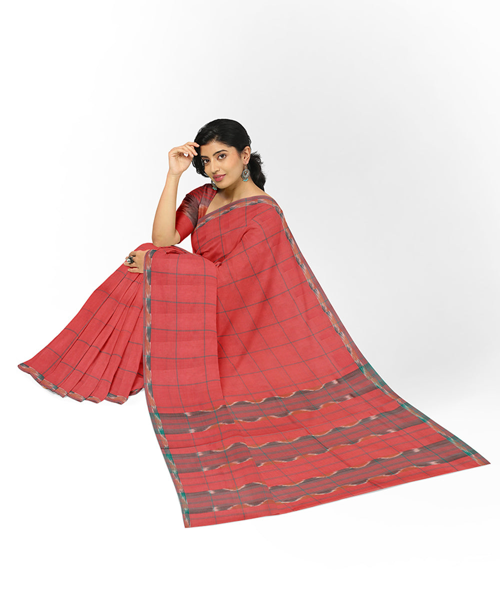Red checks cotton handwoven rajahmundry saree