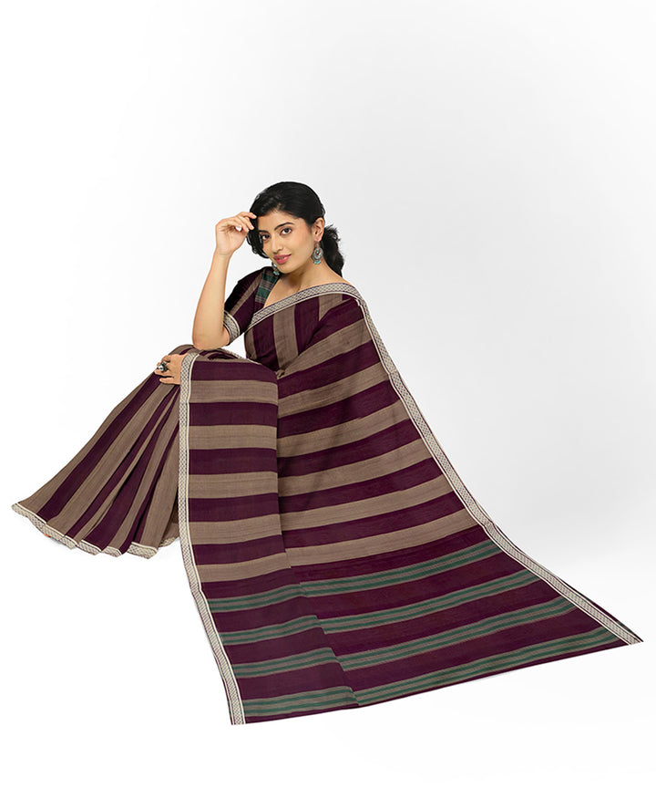 Brown maroon strips cotton handwoven rajahmundry saree