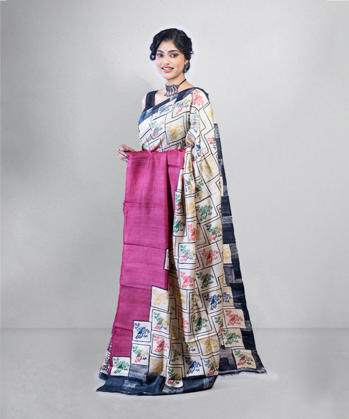 Maroon beige hand block printed tussar silk saree