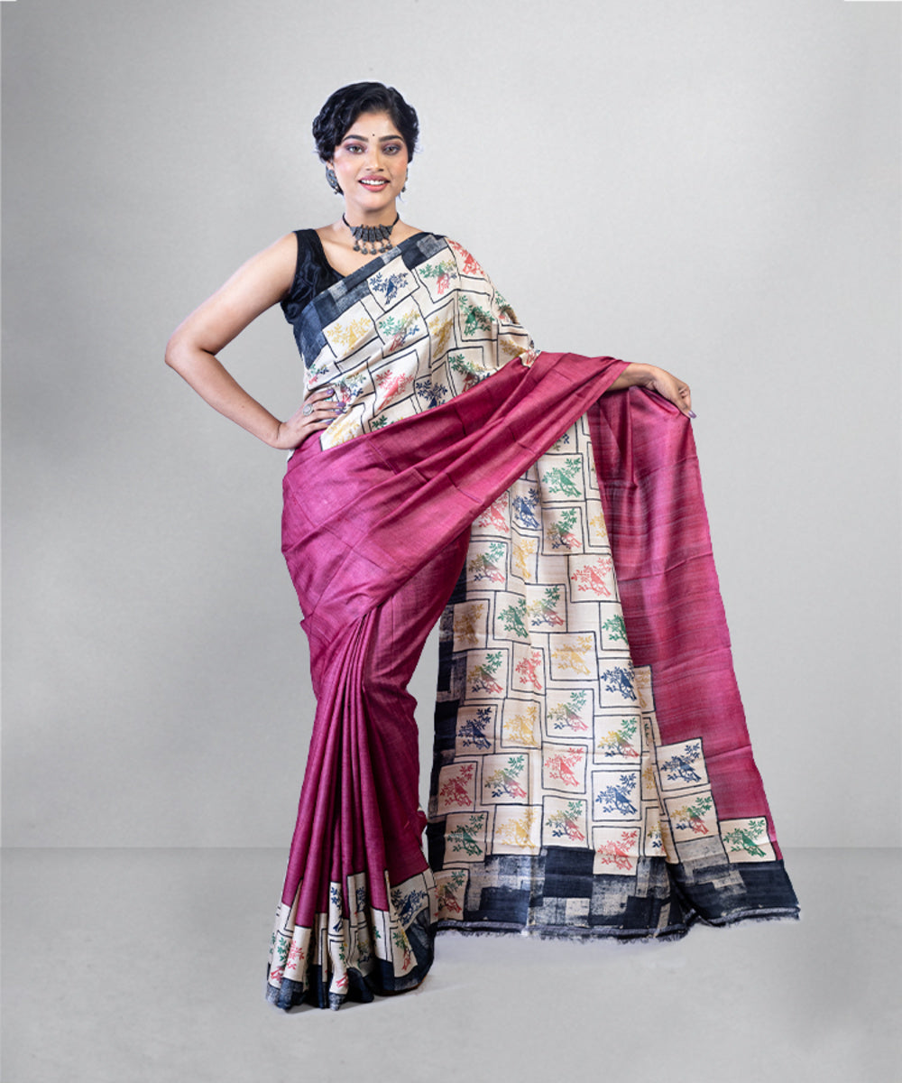 Maroon beige hand block printed tussar silk saree