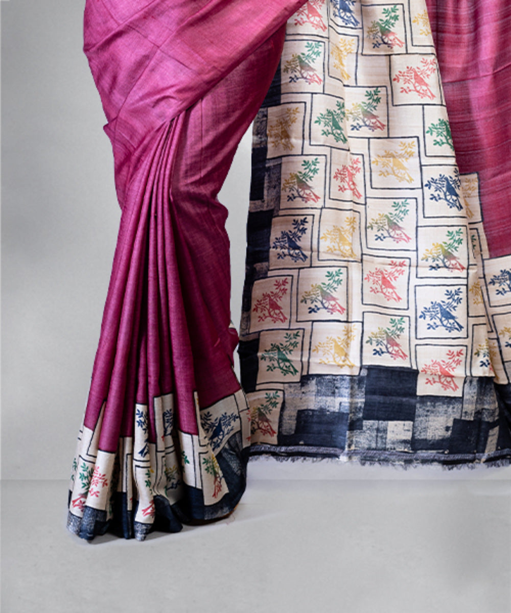 Maroon beige hand block printed tussar silk saree