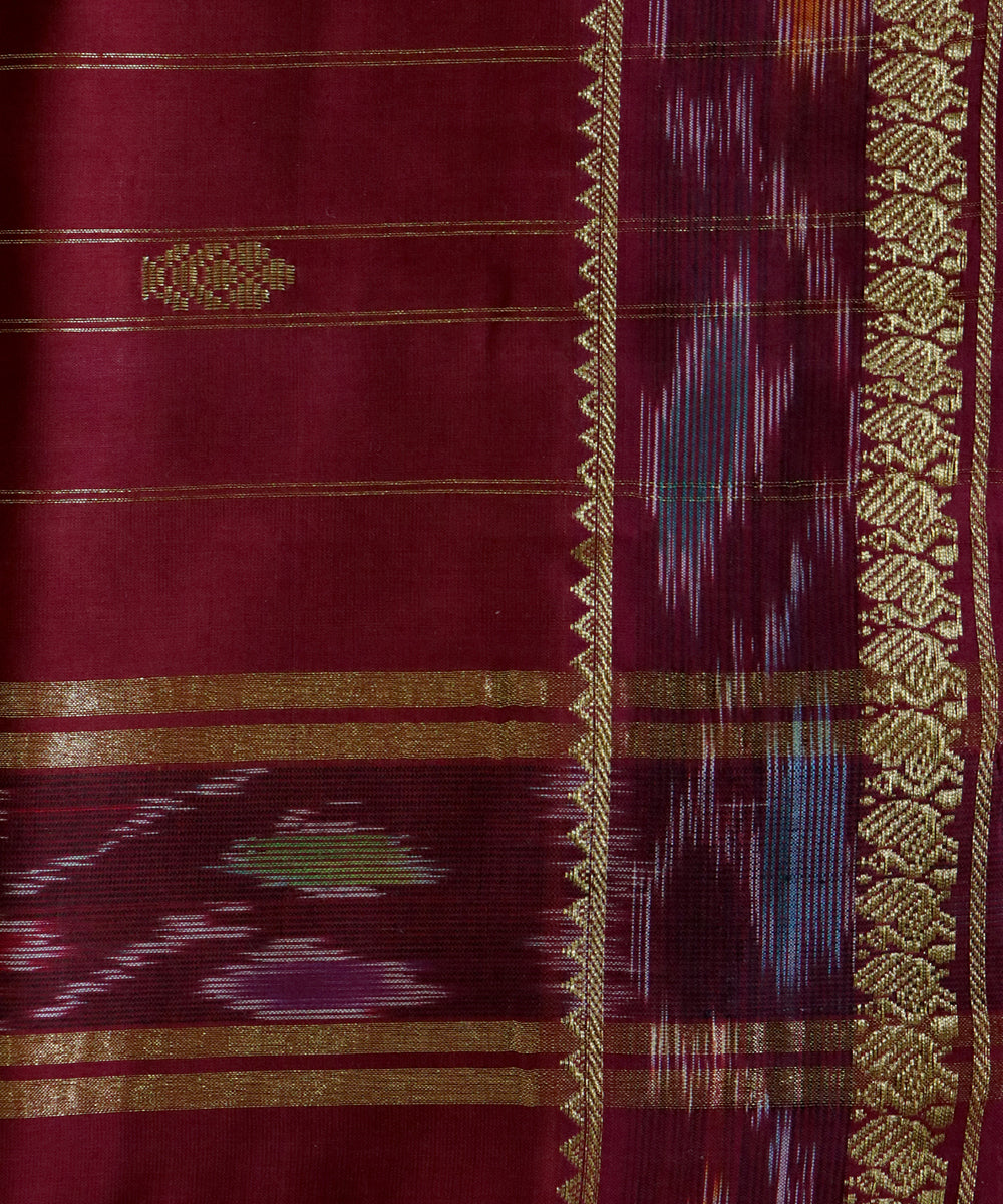 Mustard maroon handwoven cotton bandar saree