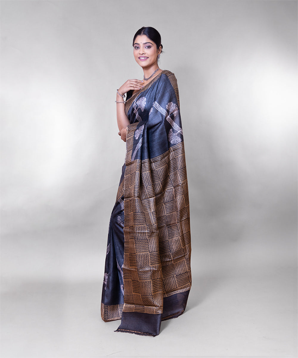 Black beige hand block printed tussar silk saree