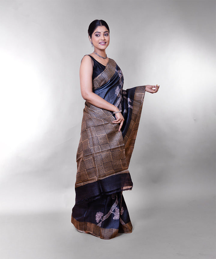 Black beige hand block printed tussar silk saree