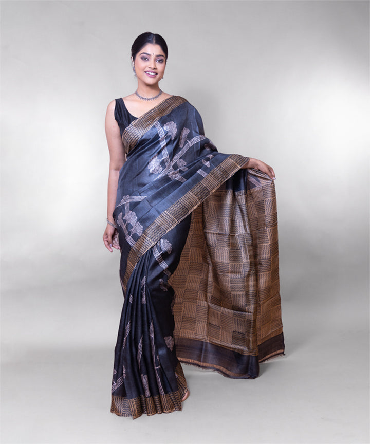 Black beige hand block printed tussar silk saree