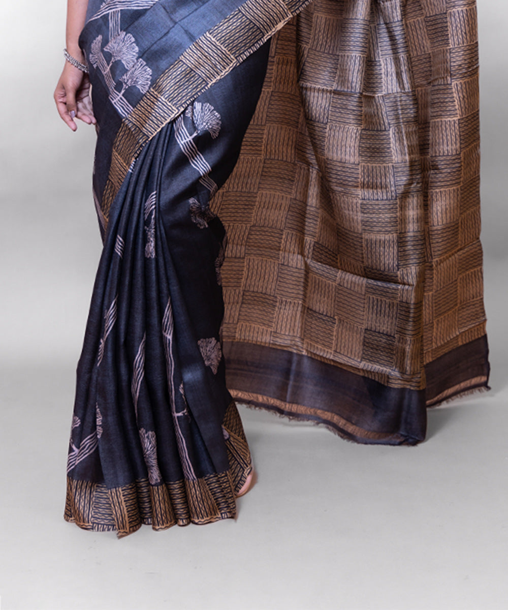 Black beige hand block printed tussar silk saree