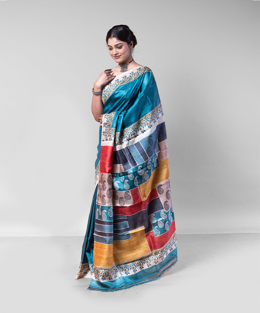 Sea green multi color hand block printed tussar silk saree