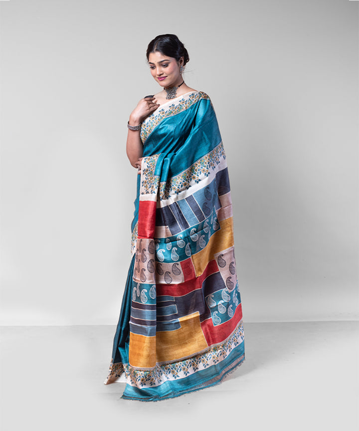 Sea green multi color hand block printed tussar silk saree