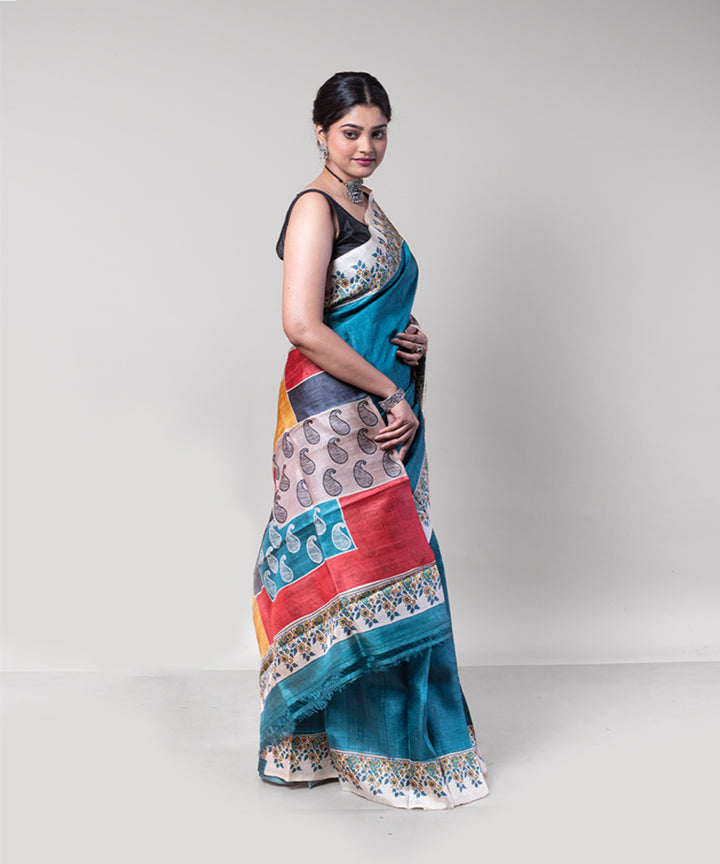 Sea green multi color hand block printed tussar silk saree