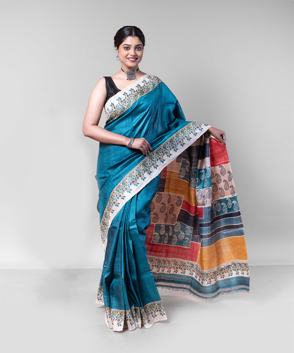 Sea green multi color hand block printed tussar silk saree