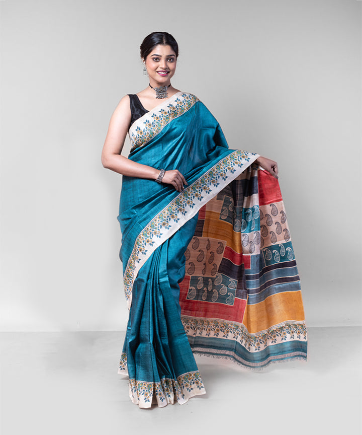 Sea green multi color hand block printed tussar silk saree