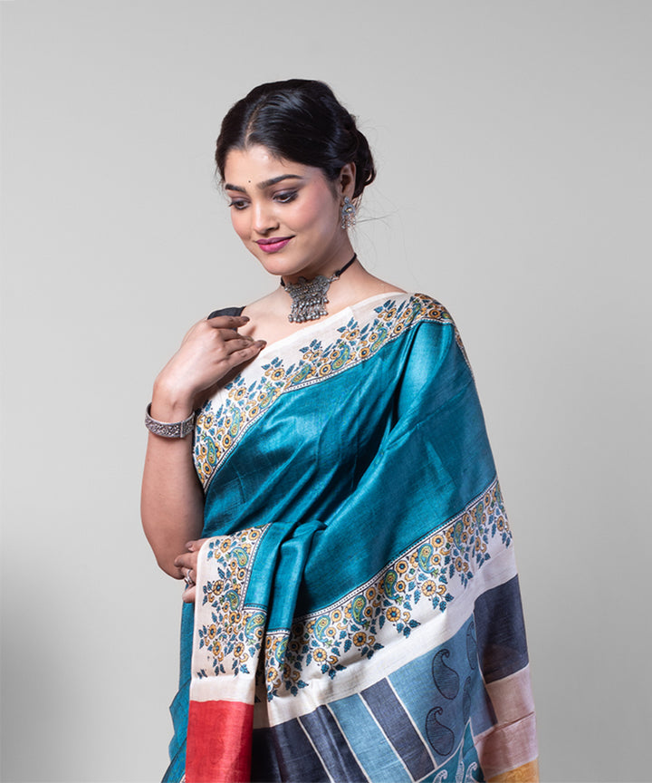 Sea green multi color hand block printed tussar silk saree