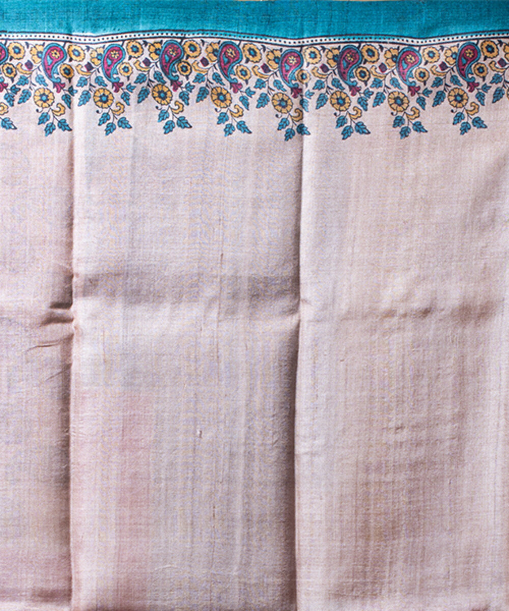 Sea green multi color hand block printed tussar silk saree