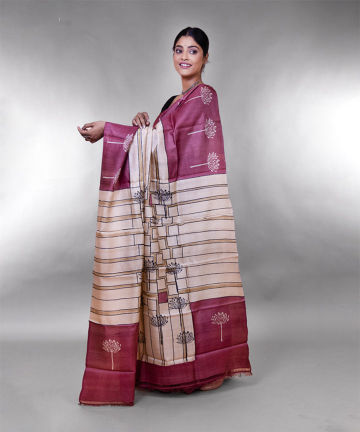 Maroon beige tussar silk hand block printed saree