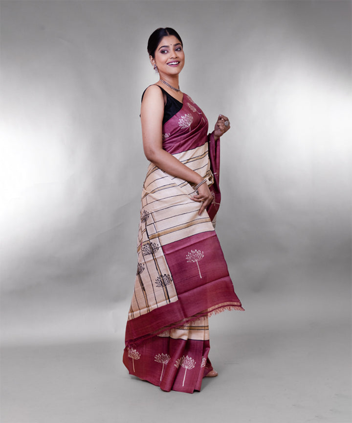 Maroon beige tussar silk hand block printed saree