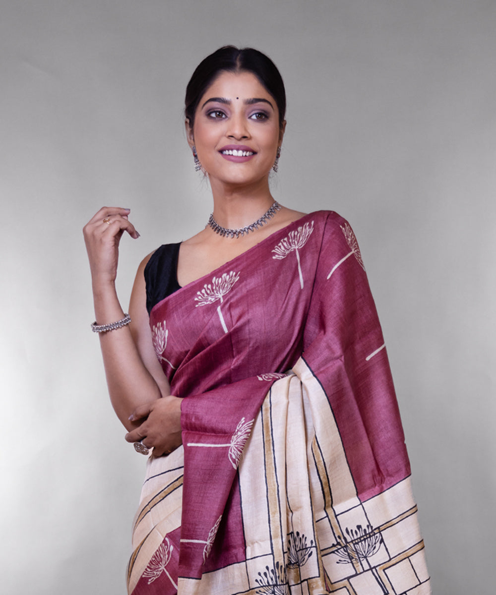 Maroon beige tussar silk hand block printed saree
