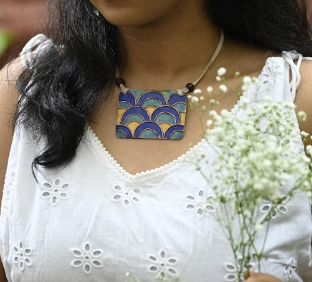 Multicolor copper enamel pendant with faux leather string wooden beads