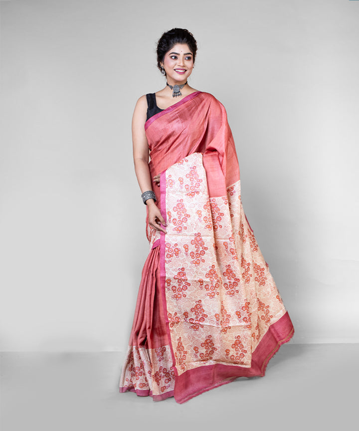 Peach beige tussar silk hand block printed saree