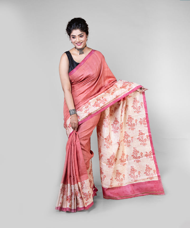 Peach beige tussar silk hand block printed saree