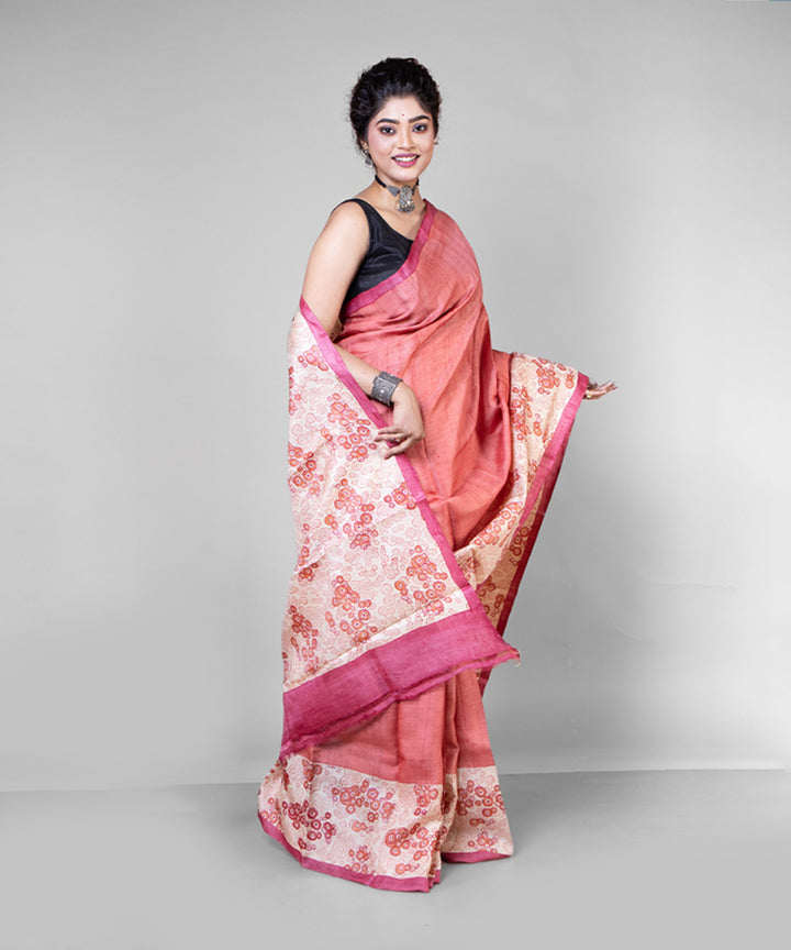 Peach beige tussar silk hand block printed saree