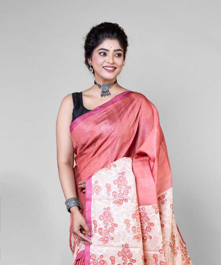 Peach beige tussar silk hand block printed saree