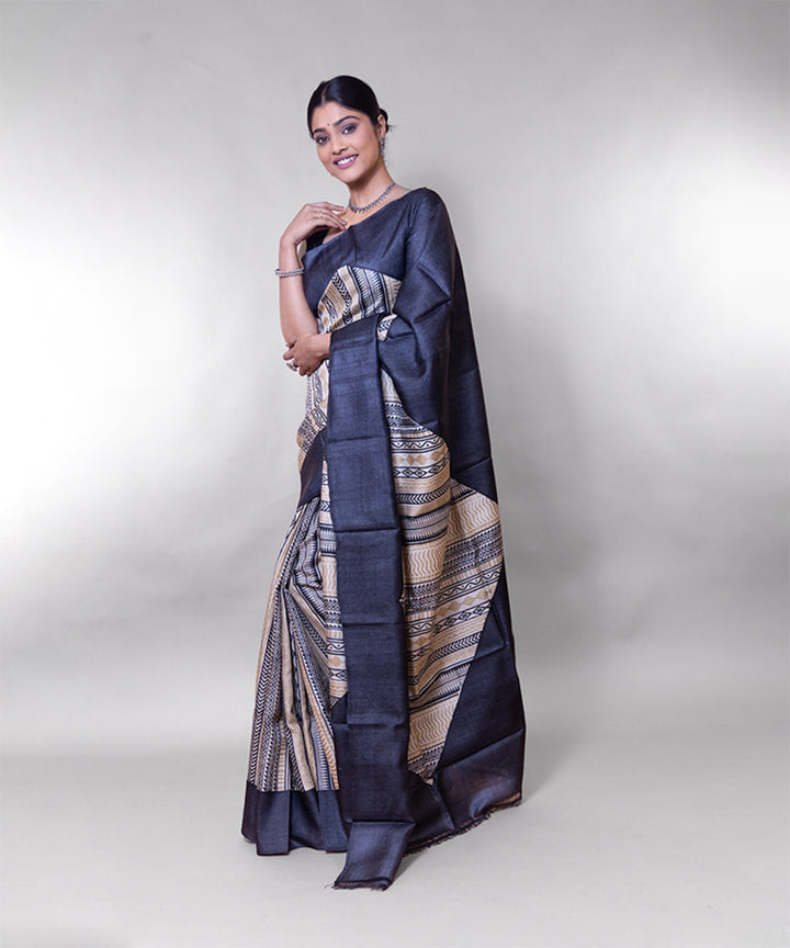 Black beige tussar silk hand block printed saree