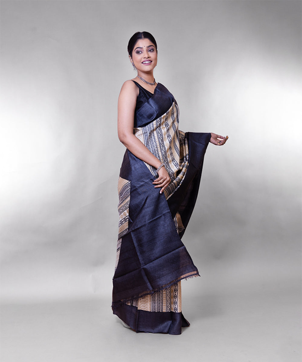 Black beige tussar silk hand block printed saree