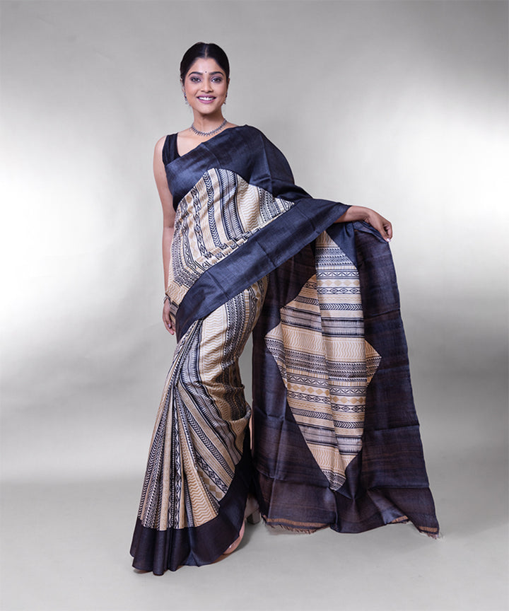 Black beige tussar silk hand block printed saree