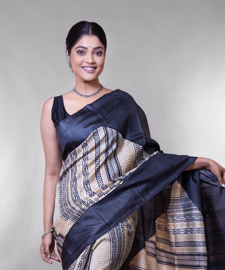 Black beige tussar silk hand block printed saree