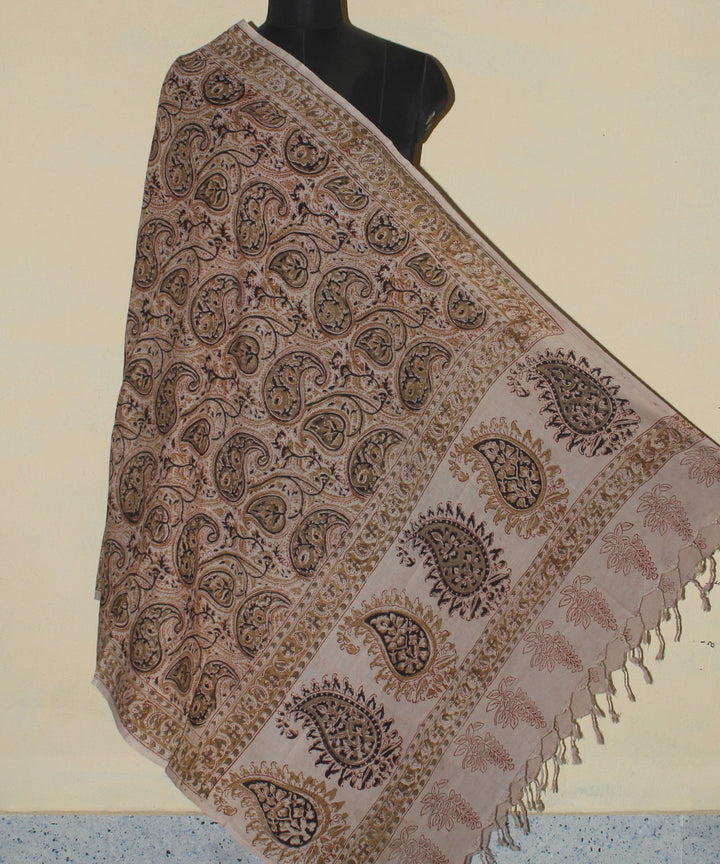 Beige brown hand printed kalamkari cotton dupatta