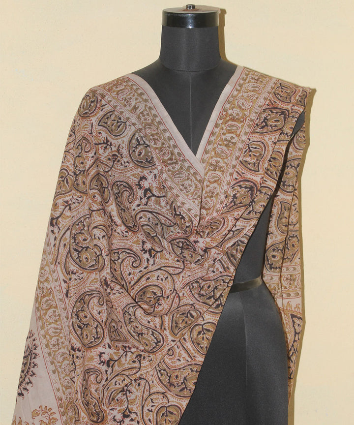 Beige brown hand printed kalamkari cotton dupatta