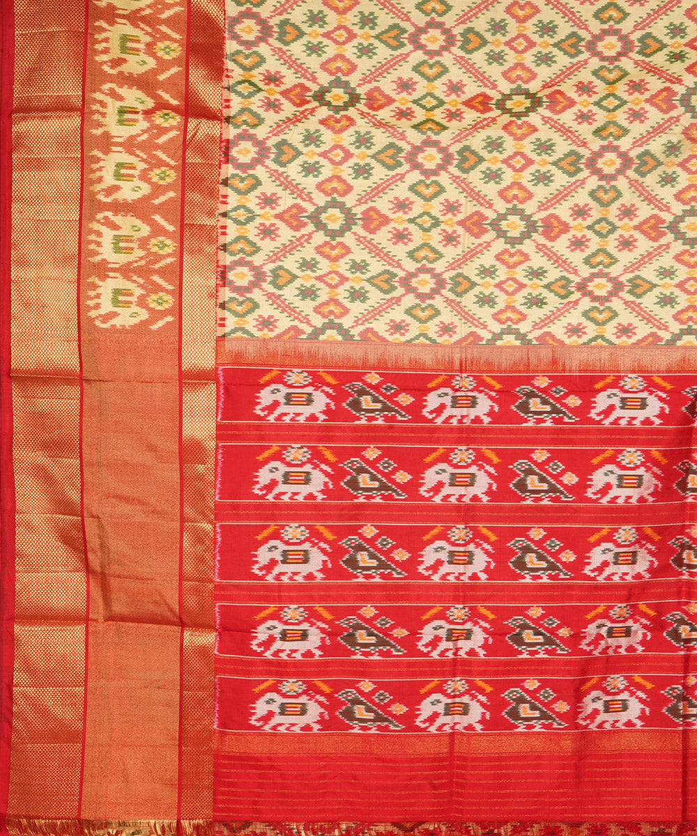 Cream orange silk handloom pochampally ikat saree