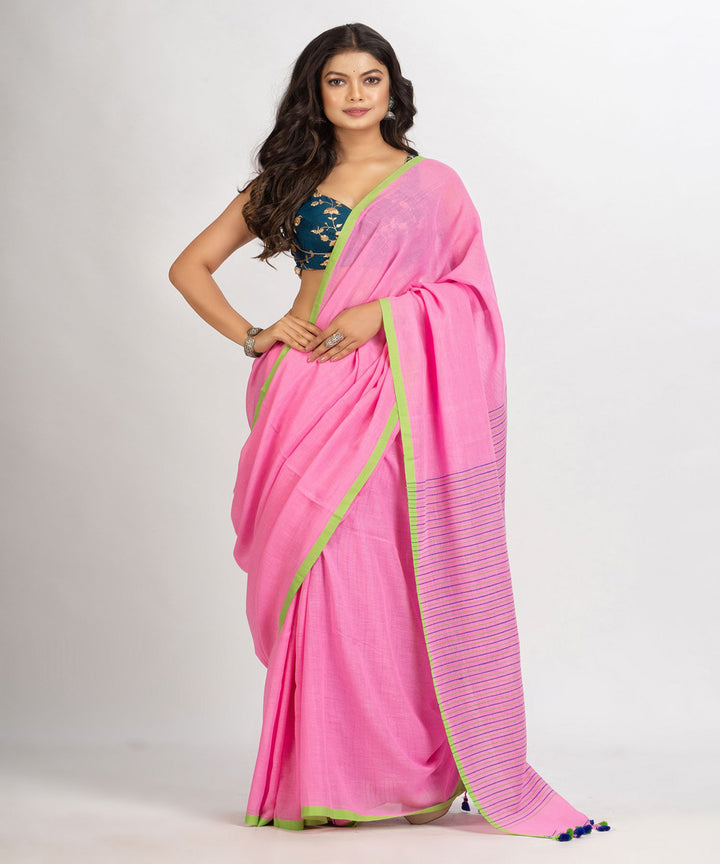 Pink green handwoven cotton stripes bengal saree